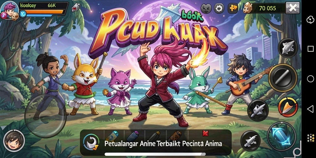 Tampilan gameplay 66K yang menampilkan karakter anime dalam petualangan seru.