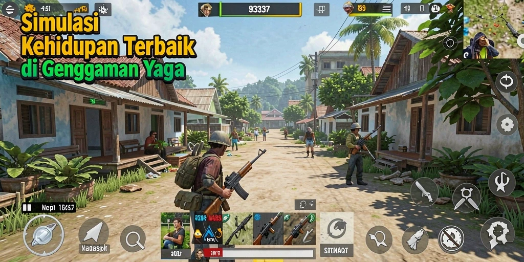 Screenshot menunjukkan pemain berinteraksi dalam dunia simulasi yang hidup.