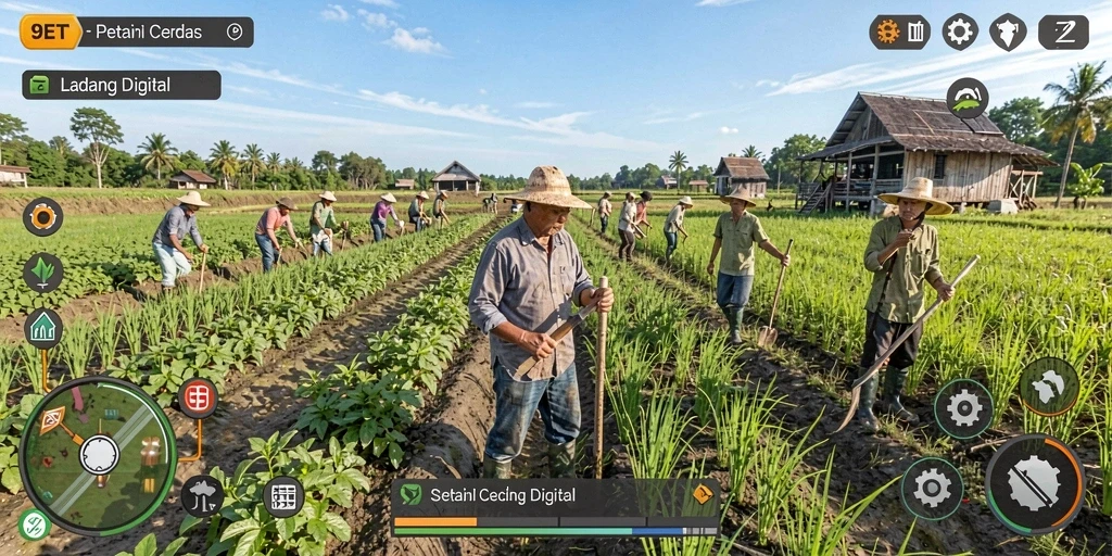 Screenshot gameplay <strong>9ET</strong> menunjukkan aktivitas bertani yang seru.