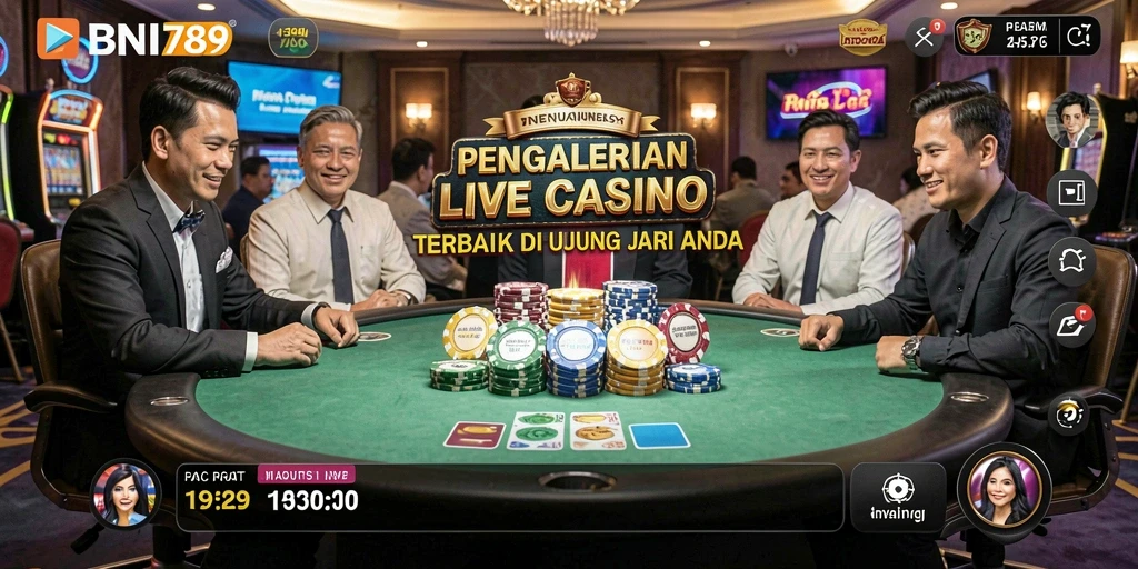Screenshot gameplay BNI789 menampilkan dealer langsung dan suasana kasino yang nyata.