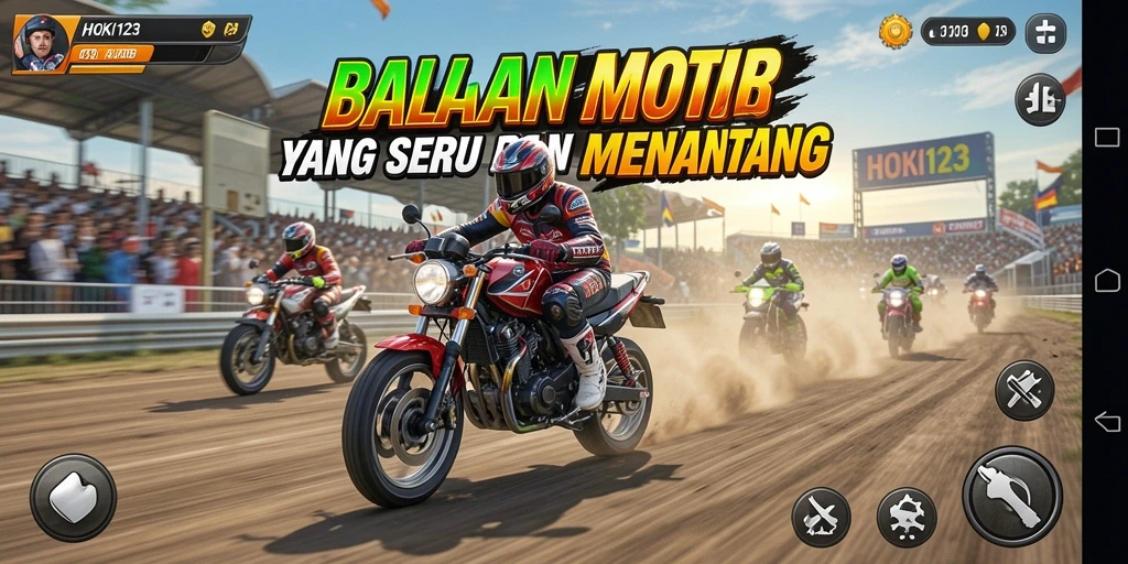 Tampilan gameplay HOKI123 yang menegangkan dengan aksi balapan sepeda motor.