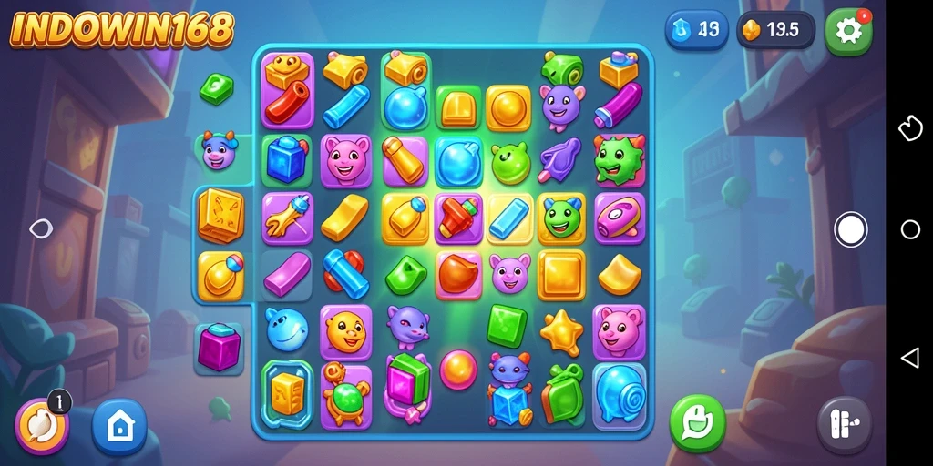 Screenshot menampilkan gameplay Match-3 yang seru dan penuh warna.
