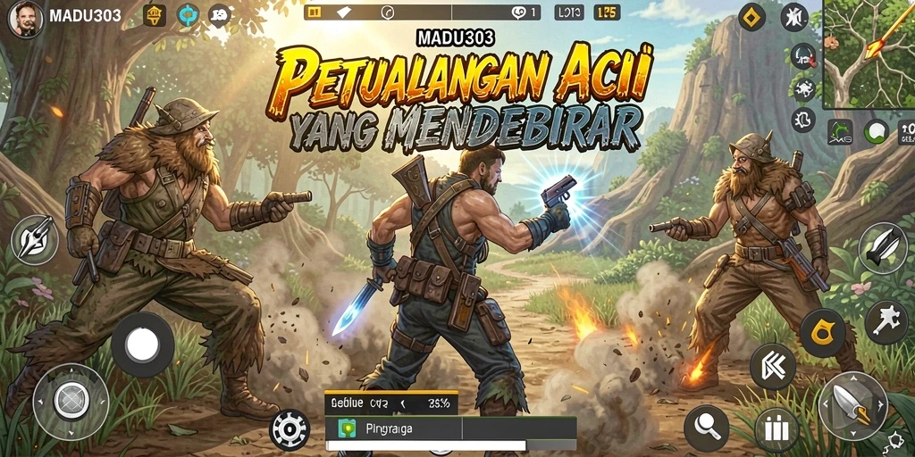 Gameplay seru MADU303 saat karakter bertarung di arena.
