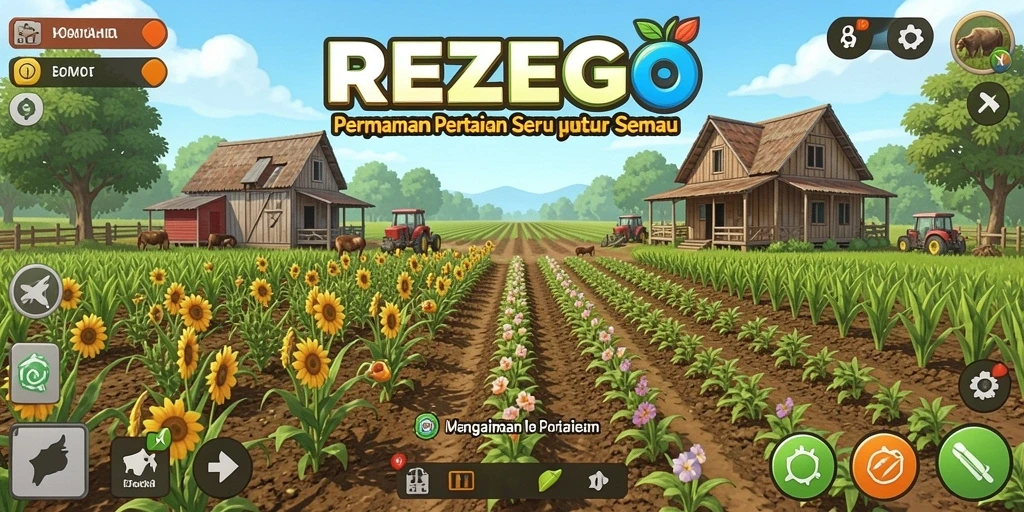 Screenshot utama REZEGO menampilkan aktivitas pertanian yang menyenangkan.