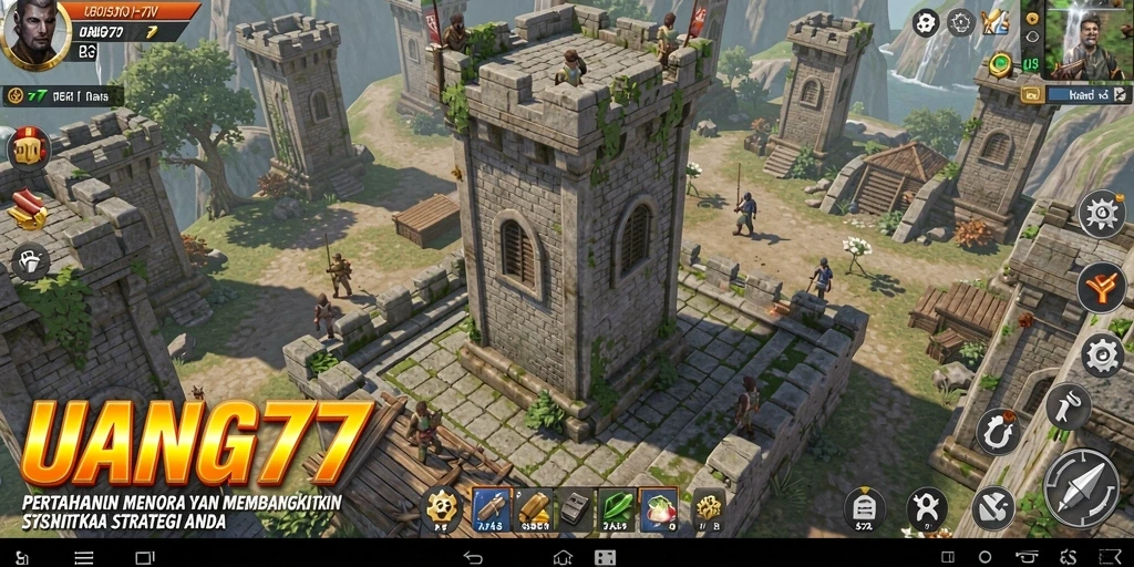 Tangkapan layar utama UANG77 menunjukkan gameplay Tower Defense yang intens.