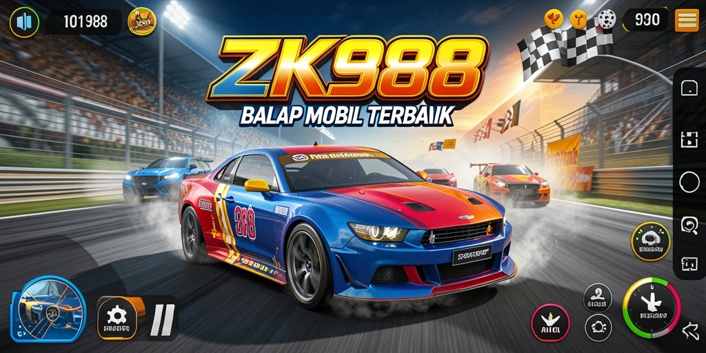 Screenshot ZK988 menunjukkan aksi balapan yang mendebarkan dengan mobil yang melaju cepat.
