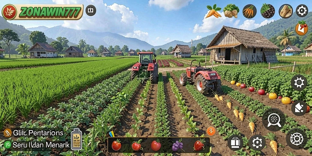 Screenshot ZONAWIN777 menampilkan ladang subur dengan tanaman hijau dan hewan berlarian.